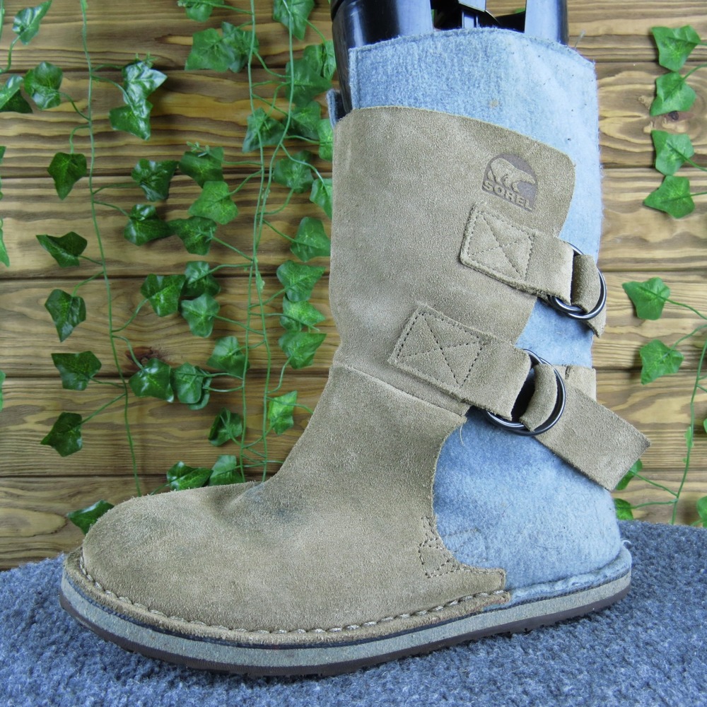 Sorel Chipahko Felt Girls 4 Tan‎ Gray Suede Winter Boots Double Strap Warm Lined